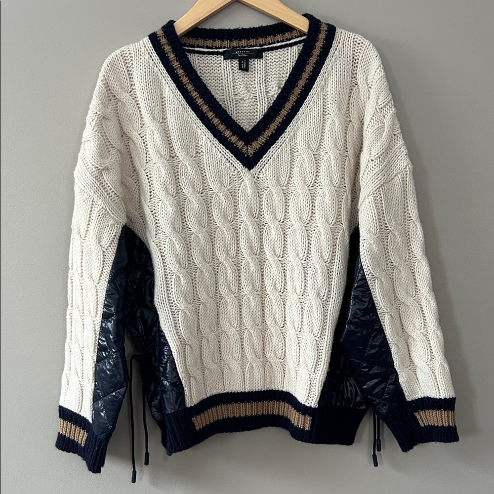 Weekend Max Mara Dalida Cable Knit‎ Sweater Cream Navy Blue US Size XL
